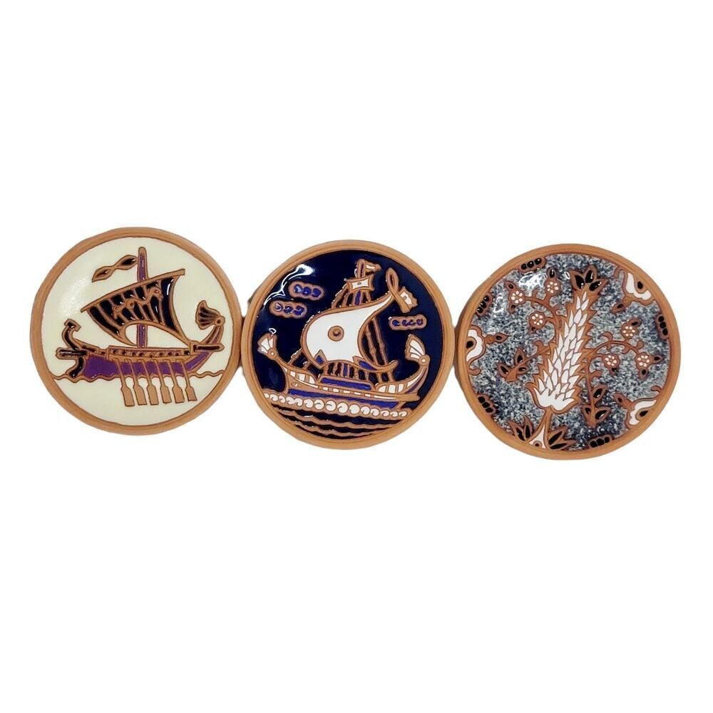Vintage Set of 3 Handmade Plates‎ By Bonis Pottery In Rhodes Greece Viking Boats